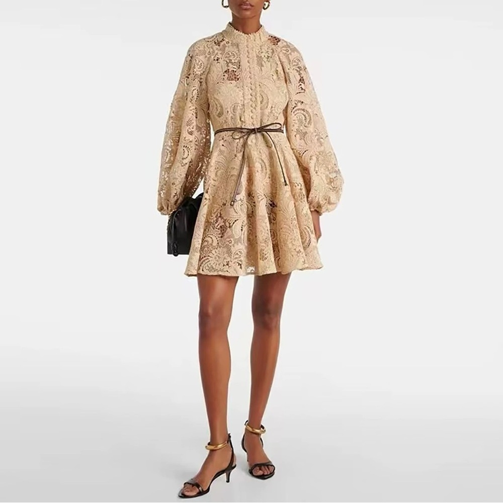 Designer Beige Lace Long Sleeve Mini Dress